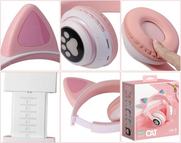 Kids Wireless Headphones TCJJ Cat Ear LED Light Up Bluetooth Foldable Headphones Over Ear w/Microphone for Online Distant Learning (Pink) - Image 3