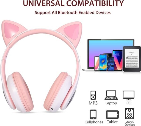 Kids Wireless Headphones TCJJ Cat Ear LED Light Up Bluetooth Foldable Headphones Over Ear w/Microphone for Online Distant Learning (Pink) - Image 2